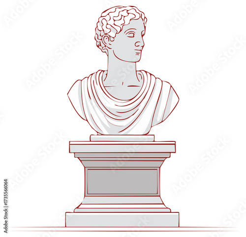 Classical bust statue of an ancient Greek or Roman man on a pedestal line art vector illustration