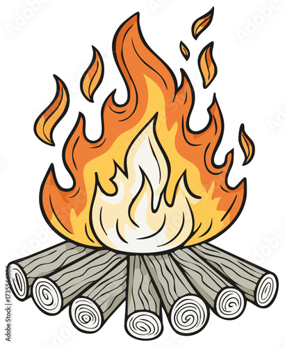 Vibrant cartoon campfire illustration with flickering orange flames burning on a pile of wood logs