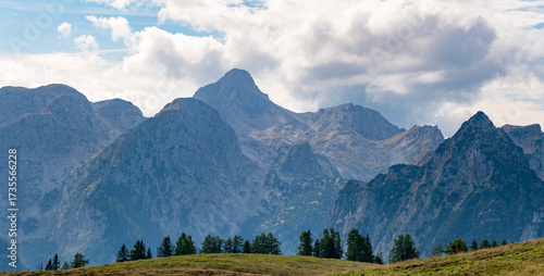 View into the Steinernes Meer limestone plateau with rugged alpine peaks and dramatic clouds