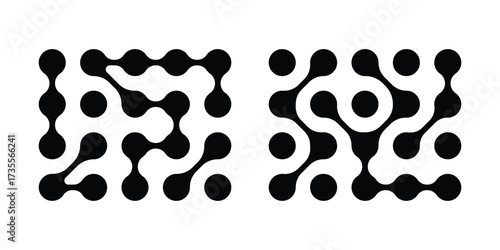 Diagonal metaball connected circles shape. Abstract nerve cell dots or computer nano net . Pattern of black metaballs isolated on white background. eps 10 