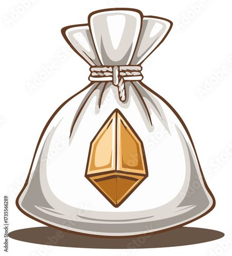 Illustration of Sack with Gold Jewel Enclosed within a Tied Top Isolated on White for Design Element Usage