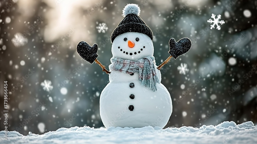 Fototapeta premium Cheerful Snowman in Winter Scene with Scarf, Gloves and Snowflakes