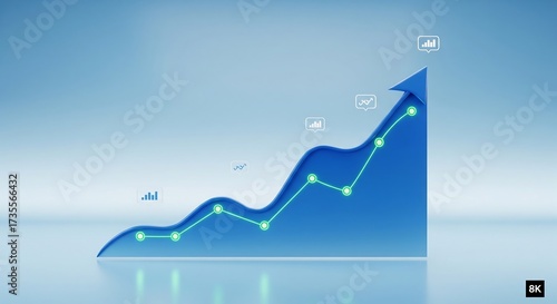 A blue upward trending line graph with green dots, indicating growth on a blue gradient background.