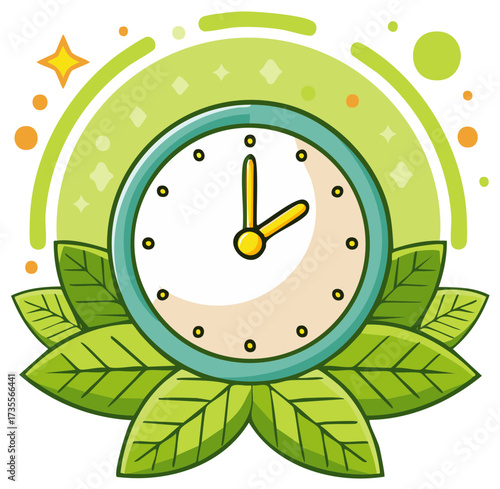 Decorative cartoon clock with green leaves and shiny star showing the hour time illustration