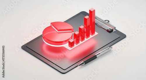 Red bar and pie charts displayed on a clipboard with a pen, showcasing data analysis and business performance.
