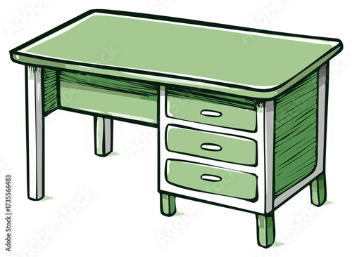 Vibrant green desk cartoon with three functional storage drawers ideal for modern workspace setup
