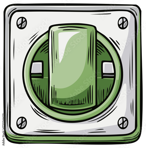 Green and White Toggle Electrical Light Switch with a Square Mounting Plate