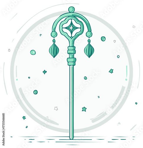 Ornamental Green Staff Featuring Intricate Designs and Magical Aura Floating in a Dreamy Circle