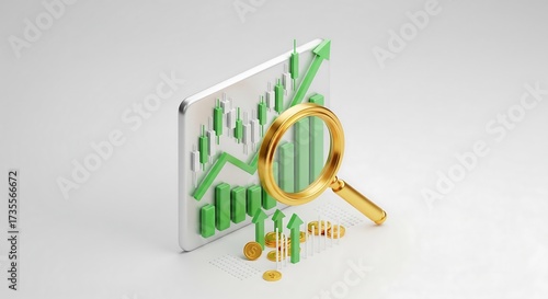 A tablet displays a rising graph with green bars and arrows, analyzed with a golden magnifying glass, surrounded by coins.