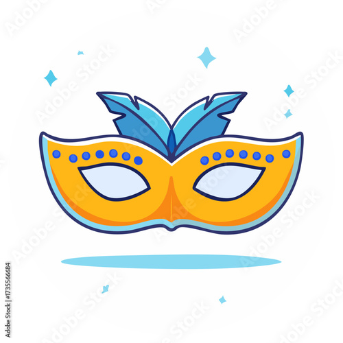 Festive carnival mask illustration with blue feathers and sparkles for Mardi Gras celebration