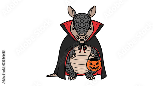 Armadillo's Halloween: An adorable cartoon armadillo dressed in a black cape and carrying a pumpkin, perfectly capturing the spirit of Halloween with playful artistry.