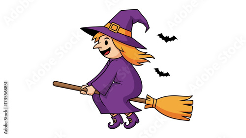 Whimsical Witch on a Broomstick: A charming witch soars through the night sky on a broom, embodying the playful spirit of Halloween. This vector illustration radiates fun and fantasy.