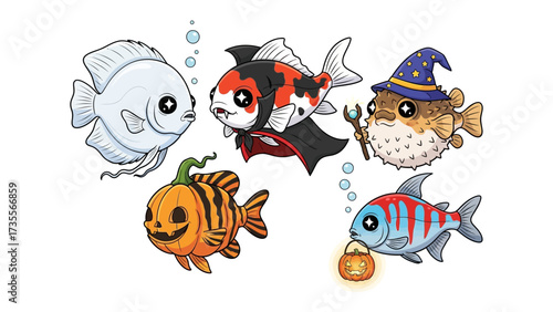 Spooky Fish Group: A whimsical group of cartoon fish, each playfully dressed for Halloween, with intricate costumes and delightful expressions, bring the essence of holiday.
