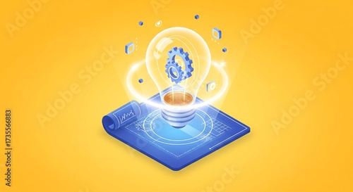 Isometric illustration of a lightbulb containing a cog, resting on a blueprint.