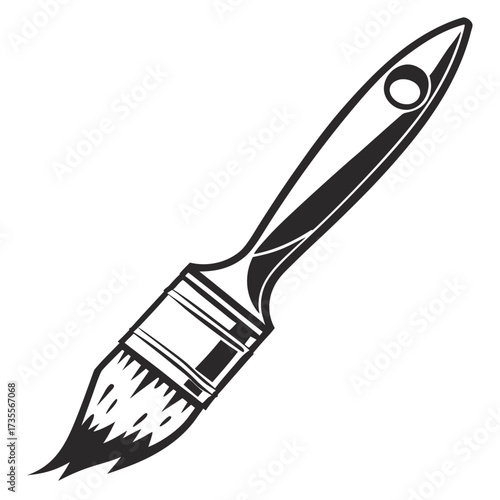 Stylized black and white drawing of a paint brush with a clean handle and splayed bristles on a white background Keywords: paint brush, paintbrush, art, artist, painting, drawing, tool, craft, DI