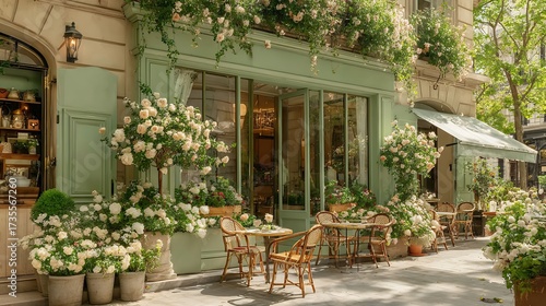 Fototapeta Naklejka Na Ścianę i Meble -  charming parisian cafe exterior with green facade hydrangeas wicker chairs bistro terrace flowers garden restaurant france