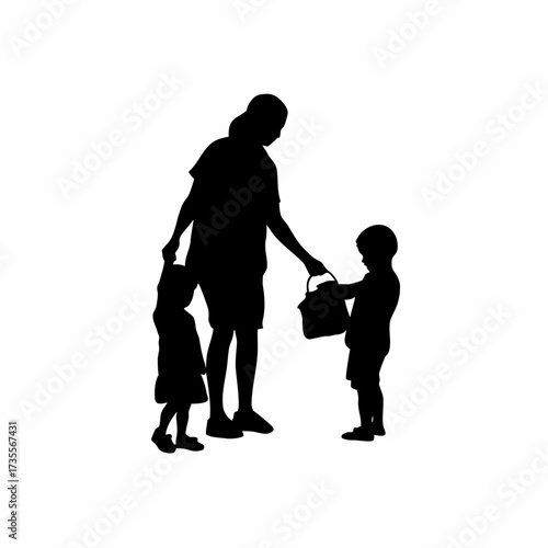 Silhouette of caregiver teaching kids handwashing isolated on white background