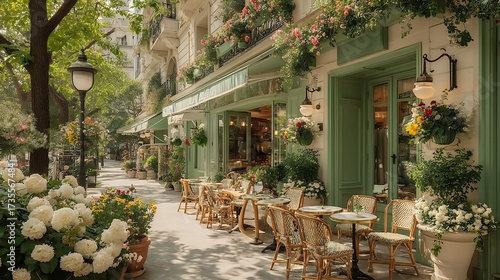 romantic french cafe terrace with wicker chairs flowers facade restaurant paris sidewalk bistro