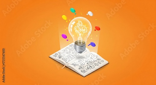 Lightbulb shining above an open notebook filled with sketches, with colorful shapes floating around, on an orange background.