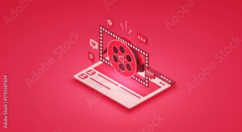 Isometric laptop displays a film reel with social media icons, all in shades of red and white.