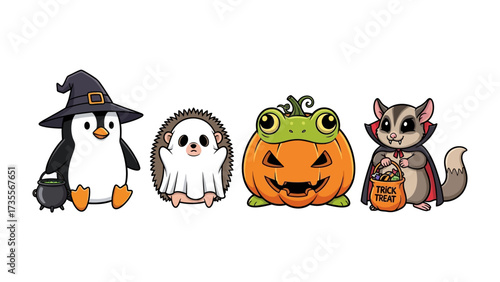 Enchanting Halloween Creatures: A charming quartet of Halloween creatures, a penguin witch, a ghost, a pumpkin frog, and a sugar glider vampire, offer a playful, enchanting greeting. 