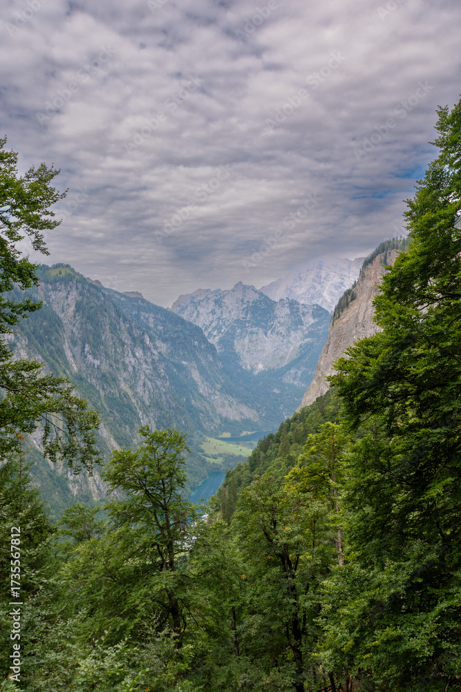 Fototapeta premium Obersee and Königssee nestled between steep alpine cliffs, Berchtesgadener Alps