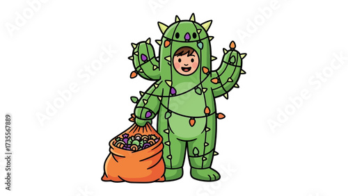 Cactus Costume & Festive Cheer: A young child beams with joy as they sport a whimsical cactus costume, adorned with twinkling lights, carrying a sack filled with seasonal delights.