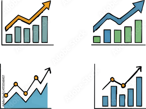 Handdrawn charts showing upward trends in business reports, symbolizing growth and success with a positive and optimistic outlook.