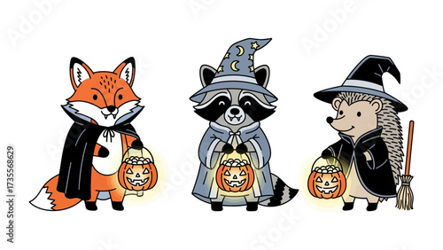 Halloween's Enchanted Trio: A whimsical illustration features a charming fox, a mischievous raccoon, and a cute hedgehog, all dressed in magical Halloween attire, holding jack-o'-lanterns.