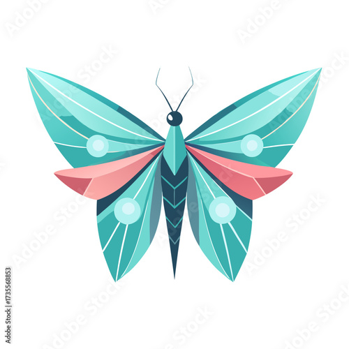 Turquoise and Pink Butterfly with Geometric Low Poly Wings Vector Illustration