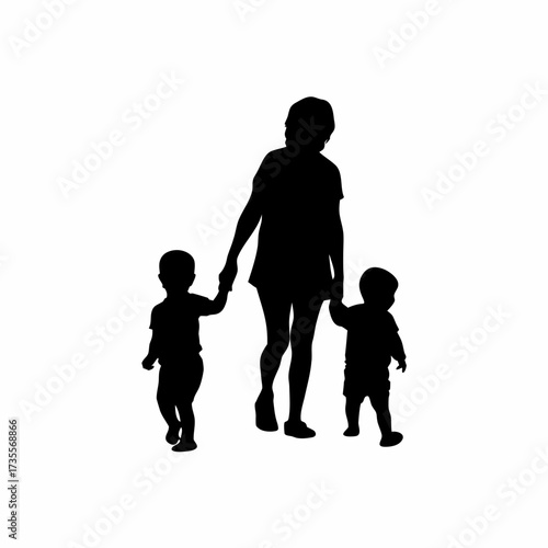 Silhouette of a caregiver guiding toddlers in a line to sing together isolated on white background