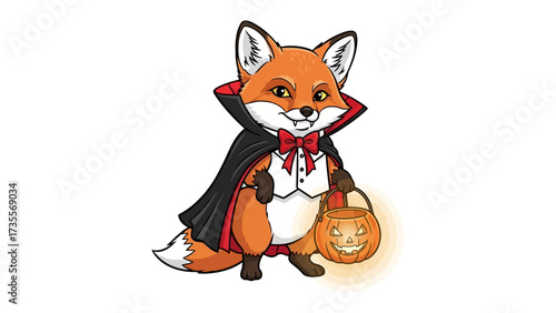 Halloween Fox: A cartoon illustration of a fox dressed in a vampire costume holding a glowing jack-o'-lantern, embodying the playful spirit of the holiday. 