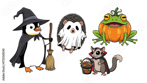 Halloween creatures in costume: A charming group of animals adorns themselves in classic Halloween attire, including a witch penguin, a ghost hedgehog, a pumpkin frog, and a vampire glider.