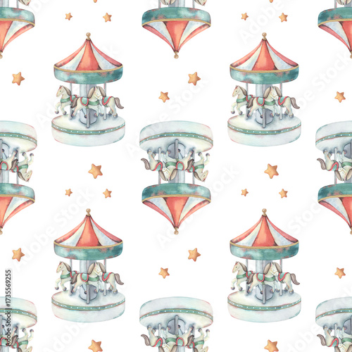 Tablou pe pânză Seamless pattern, merry-go-round carousel, stars