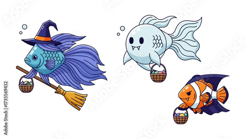 Halloween Fish Fantasy: Whimsical illustrations of a trio of enchanting fish, dressed for Halloween, swimming amidst playful bubbles, each with a miniature basket.