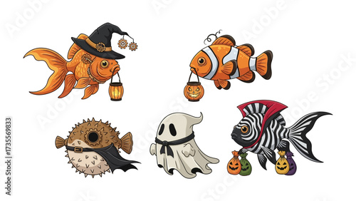 Halloween Fantasy: Whimsical aquatic creatures transformed with festive Halloween costume, this illustration portrays a unique combination of fantasy and aquatic elements.