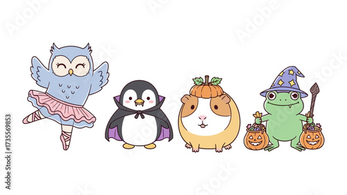 Whimsical Halloween Creatures: A charming collection of illustrated Halloween creatures, including a ballerina owl, a vampire penguin, a pumpkin guinea pig, and a wizard frog.