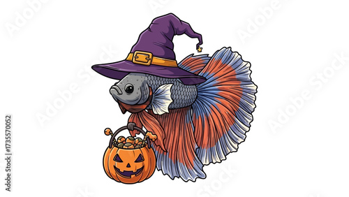 Halloween Betta Fish: A whimsically illustrated betta fish, adorned with a witch's hat and carrying a Halloween pumpkin bucket filled with treats.