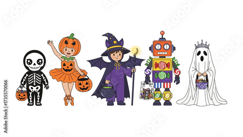 Halloween Costumes Illustration: A delightful illustration of children adorned in classic Halloween costumes, ready for trick-or-treating, including a charming skeleton, a radiant pumpkin.