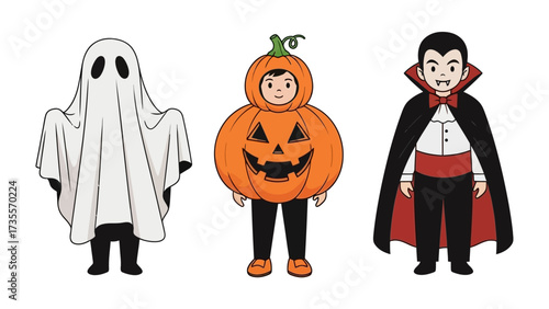 Halloween Costume Trio: A whimsical trio of Halloween costumes, featuring a spectral ghost, a cheerful pumpkin, and a charismatic vampire, are ready to captivate hearts.