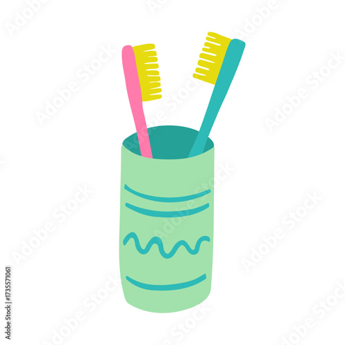 Two toothbrushes in a cup. Vector hand drawn illustration in cartoon style