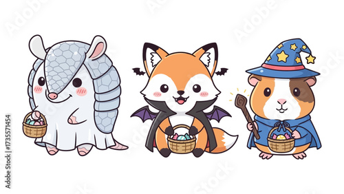Enchanting Halloween Creatures: Three cute cartoon creatures, a dressed-up armadillo, fox and guinea pig, each clutching Easter baskets, dressed up for the holiday. 