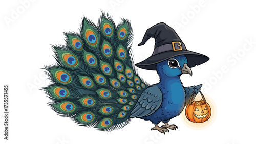 Enchanting Peacock's Halloween Masquerade: This digitally crafted artwork showcases a vibrantly plumaged peacock, donning a witch's hat and clutching a jack-o'-lantern.