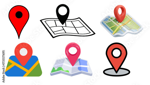 Vector illustration set of map icon pointers, including GPS location pins and navigation markers, for travel and business search