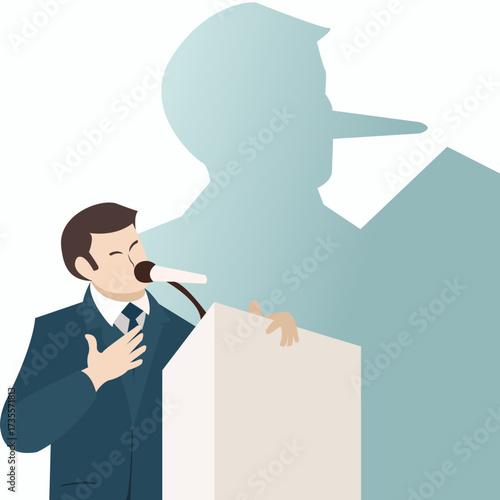 Lies, cheat, hoax speech businessman character chatting in front of public audience with shadow of his long nose. Liar, lying people in business concept vector illustration