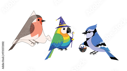 Feathered Fantasy: A whimsical depiction of a robin, a parrot in wizard's attire, and a blue jay, each portrayed with vibrant, charming, illustrative flair. 