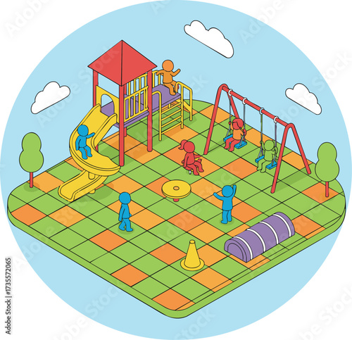 Children playing on colorful playground equipment in park on sunny day, enjoying outdoor activities and having fun in playful atmosphere.