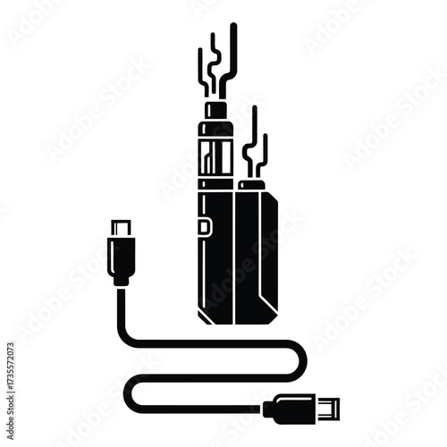Vector art of black icon of a vape pen with a usb charging cable