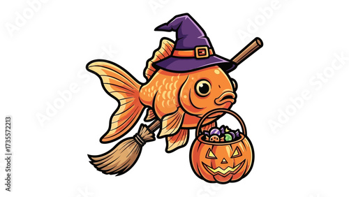 Enchanting Goldfish's Halloween Flight: A whimsical, cartoon goldfish dressed as a witch, carrying a pumpkin treat bucket while riding a broomstick, celebrating Halloween.