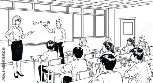 Classroom scene with teacher and student at the board solving math problem, students at desks watching